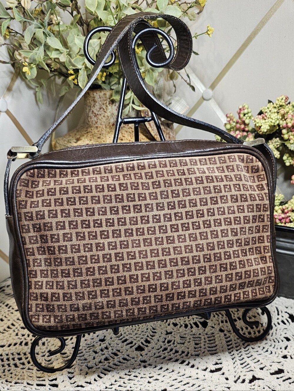 Vintage Fendi Zucchino Brown Suede Shoulder Bag